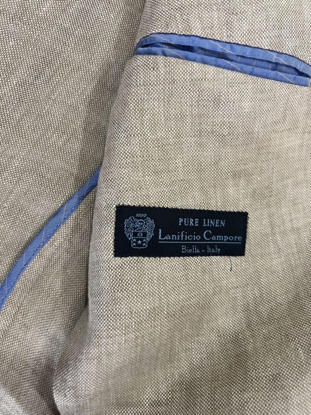 Pure Linen Men's Suit Jacket - Beige with Blue Trim